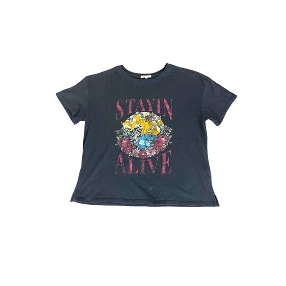 Stayin Alive Floral Skeleton Graphic Tee Gray Crop T-Shirt Soft Knit‎ Size M - Picture 3 of 8